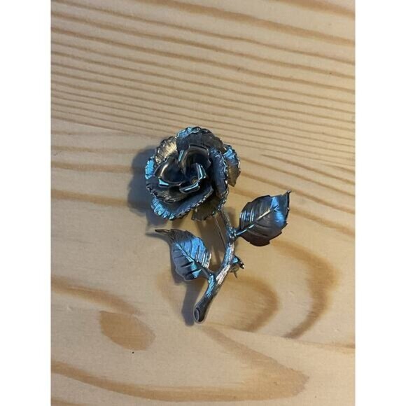Silver Tone Rose Flower Brooch Pin - Picture 2 of 5